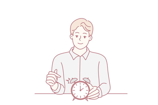 Smiling man points finger at alarm clock to remind of beginning or end of lunch break. Concept time management and control over optimal use of working period. Flat vector illustration