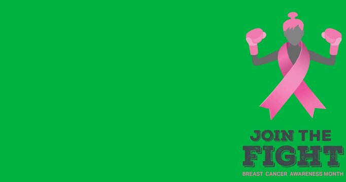 Join the fight text banner with pink ribbon over female boxer against black background