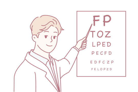 Man doctor holds out pointer to poster with letters for checking eyesight of patients. Positive ophthalmologist in white coat works in clinic helping to treat eye diseases. Flat vector illustration