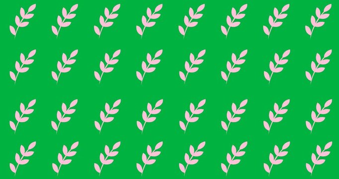 Digital animation of branch with leaves icons in seamless pattern against black background