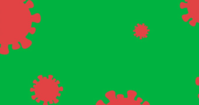 Digital animation of multiple red covid-19 cell icons floating against black background