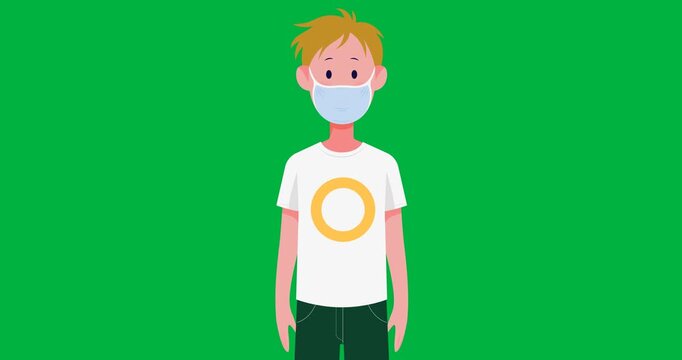 Digital animation of boy wearing a facemask icon against black background