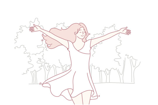 Happy woman runs through park in white flowing dress and enjoys warm summer weather. Young beautiful lady with long hair rejoices in walk and hot spring day. Flat vector illustration