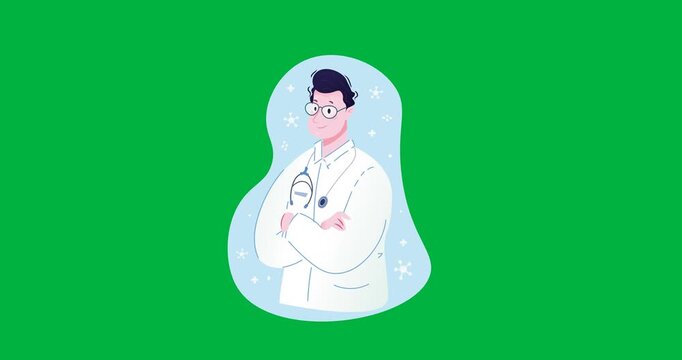 Digital animation of male doctor icon over blue banner against black background