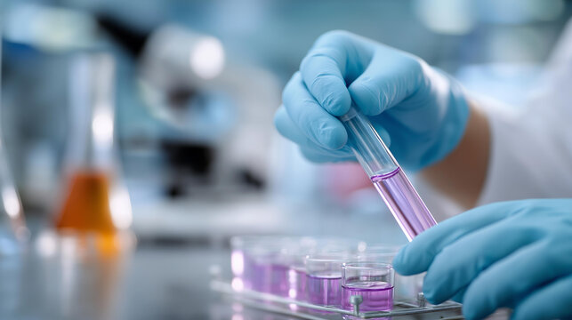 Panoramic wide shot of gloved hands handling a test tube beside medical equipment in a research lab, defocused scientific facility in the background, healthcare research, medical science,