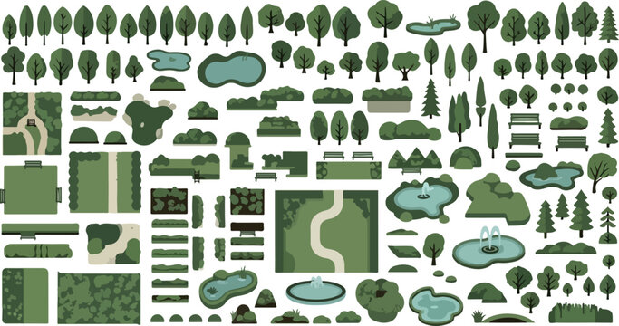 Landscape design vector elements, garden map icons with trees and bushes, park planning kit with ponds and paths, green outdoor site plan symbols