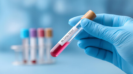 Fototapeta premium Close-up of a gloved hand holding a test tube labeled for a blood test against a soft blue background, defocused medical tools in the background, medical concept, blood test, laboratory test,