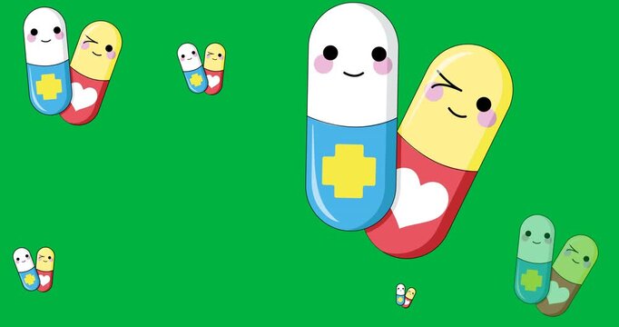 Digital animation of multiple medical pills icons against black background