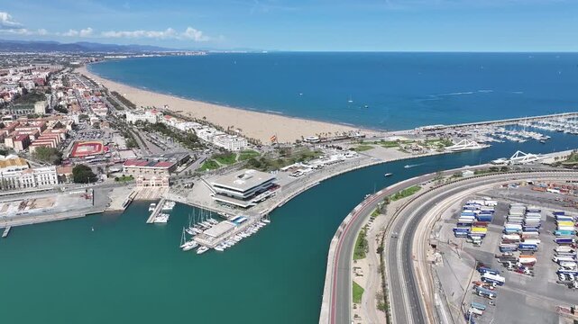 Las Arenas Beach At Valencia In Valence Community Spain. Stunning Cityscape. Beach Landscape. Highrise Buildings. Las Arenas Beach At Valencia In Valence Community Spain. Nature Background.