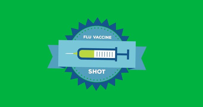 Digital animation of flu vaccine shot text banner with syringe icon against black background