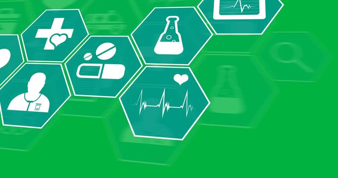 Digital animation of multiple medical icons on green hexagonal shapes against black background