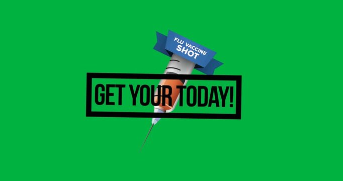 Digital animation of flu shot vaccine text banner with syringe icon against black background