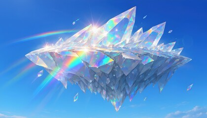 Obraz premium Floating crystalline structures with rainbow refractions against a clear blue sky