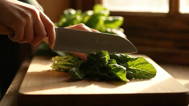 Preparing fresh leafy greens on a wooden board with knife