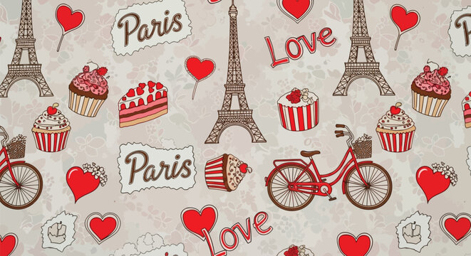 Parisian themed pattern, Eiffel Tower illustrations, romantic icons, red hearts, cupcakes