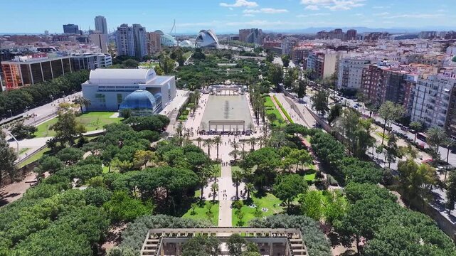 Turia Gardens At Valencia In Valence Community Spain. Leisure Park Scenery. Downtown Cityscape. Valencia At Valence Community Spain. Music Palace Skyline. Urban Scene.