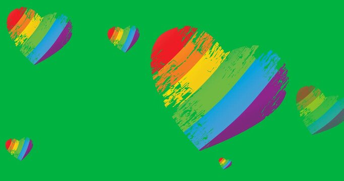 Digital animation of multiple rainbow heart icons against black background