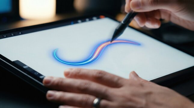 A hand uses a stylus to draw a neon glowing S-curve on a digital tablet. Represents modern creative workflow and digital art. Ideal for tech, education, or design marketing.