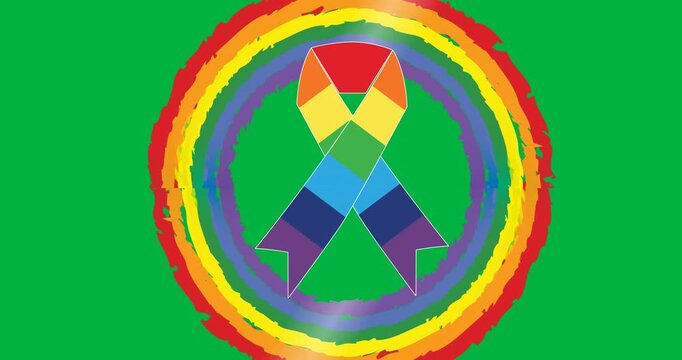 Digital animation of rainbow ribbon icon over a rainbow circle against black background