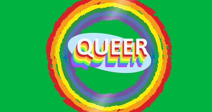 Digital animation of queer text banner over a rainbow circle against black background