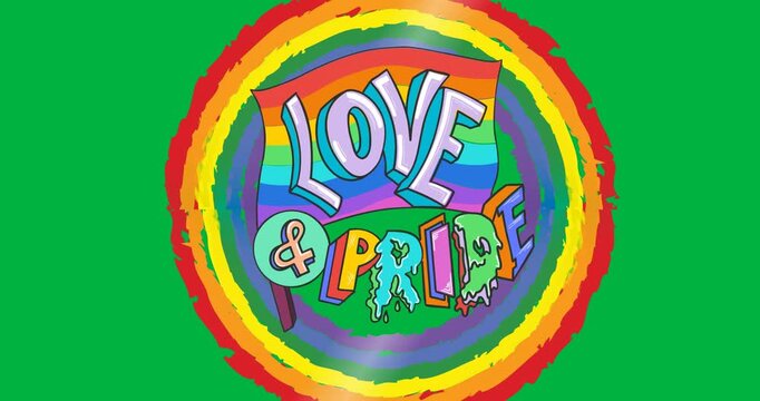 Love and pride text on rainbow flag over a rainbow circle against black background