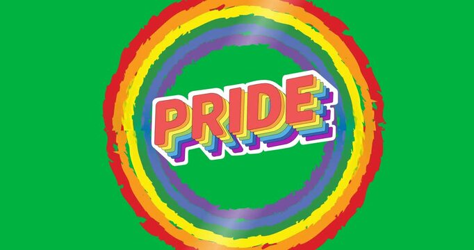 Digital animation of pride text banner over a rainbow circle against black background