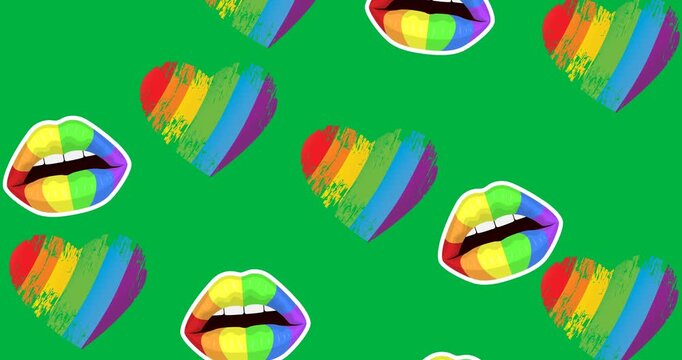 Digital animation of multiple rainbow heart and lips icons falling against black background
