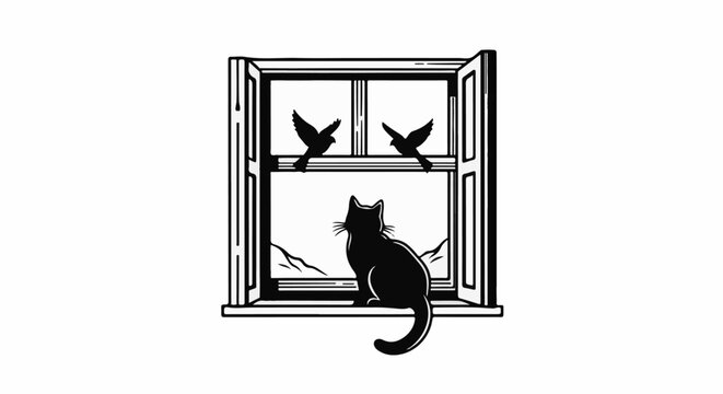 Silhouette of a black cat sitting on a windowsill watching two birds outside