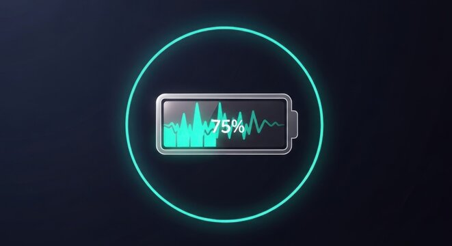 Digital battery icon with 75 charge level and pulsating waveform graph inside a glowing neon cyan circle representing energy power and technology on a dark background high detail