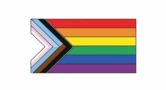 Pride flag with chevron design, featuring rainbow and progressive colors