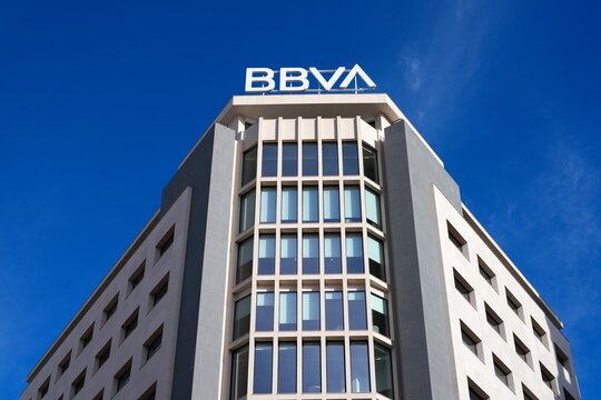 VALENCIA, SPAIN - JANUARY 6, 2026: BBVA Bank (Banco Bilbao Vizcaya Argentaria) building in Valencia, Spain.