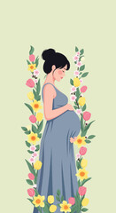 Fototapeta premium Pregnant woman with floral frame, concept of motherhood, future mom, new life, baby shower.