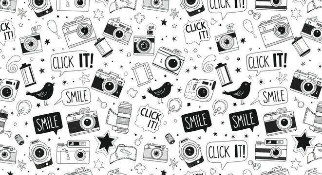 Photography icons, seamless pattern, click, smile, camera graphics, black and white