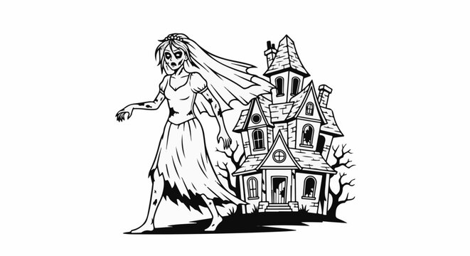 Spooky zombie bride walks towards a haunted house with broken windows