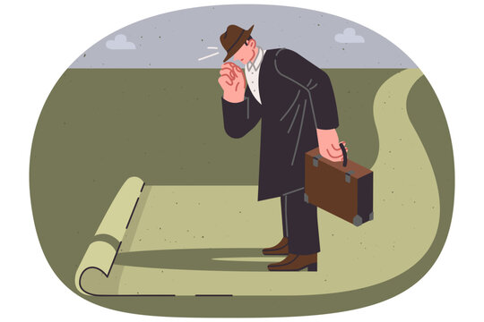 End of road for man with business suitcase, as metaphor for impasse in development or challenge