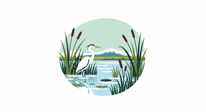 Serene wetland scene with a great egret, cattails, water lilies, and distant mountains
