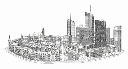 Fototapeta premium Sketch of a diverse cityscape featuring historic buildings and modern skyscrapers