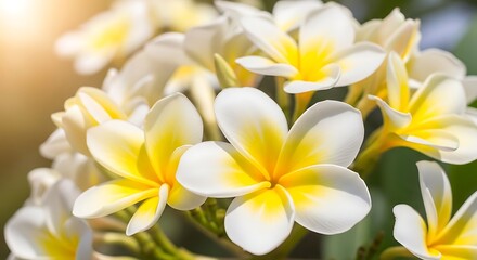 Obraz premium Close-up of white and yellow plumeria flowers with sun flare tropical flower lei flower honeymoon flower plumeria frangipani
