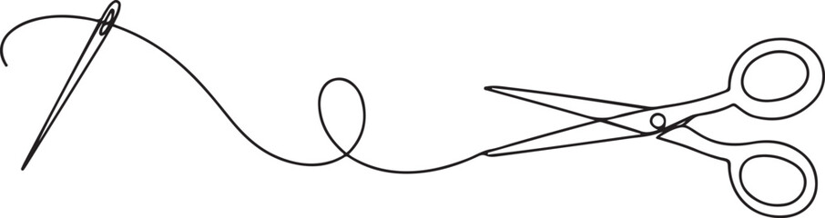 Obraz premium continuous line of needle, thread and scissors.one line drawing of clothing sewing equipment. one line Icon drawing