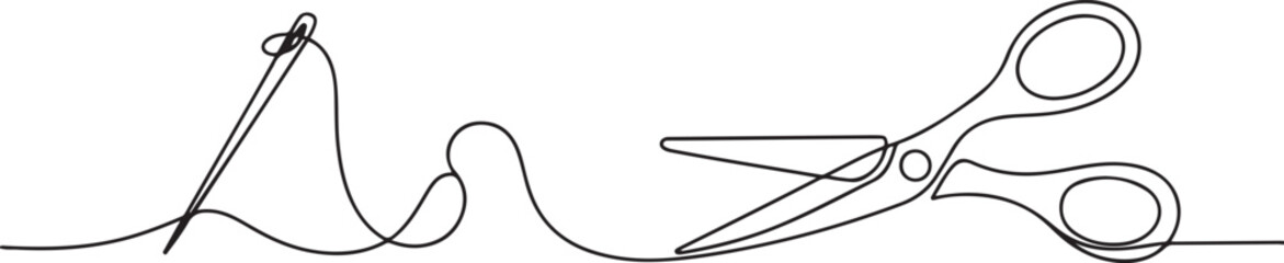 Obraz premium continuous line of needle, thread and scissors.one line drawing of clothing sewing equipment. one line Icon drawing