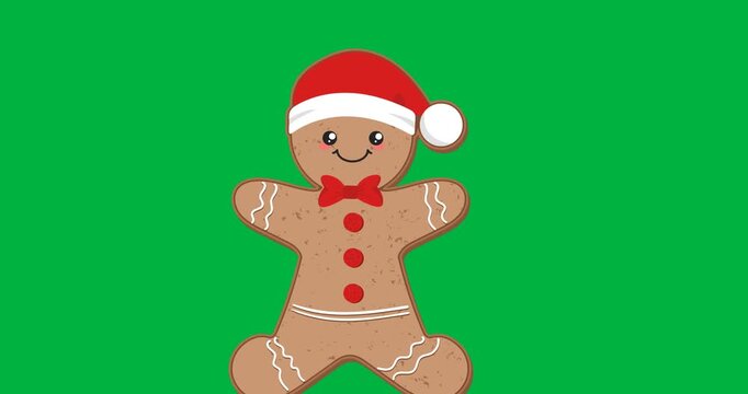 Digital animation of gingerbread wearing a santa hat icon against black background