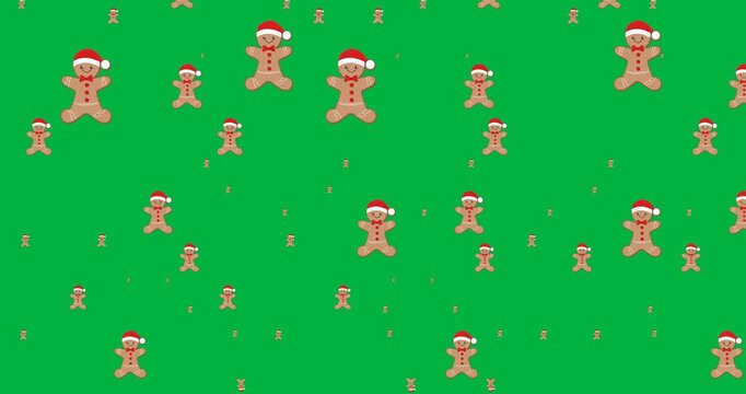 Multiple gingerbread wearing a santa hat icons in seamless pattern against black background