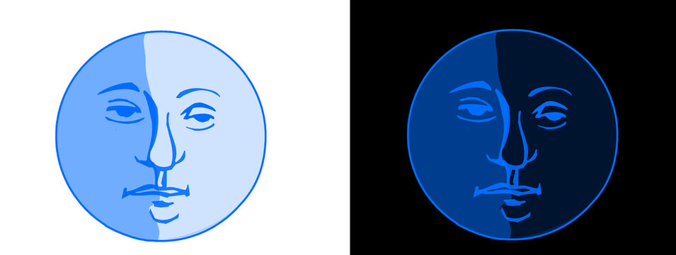 Glowing Blue Neon Moon Face Icon - Day and Night Versions