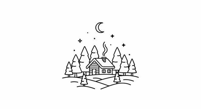 Rustic cabin nestled among pine trees under a crescent moon