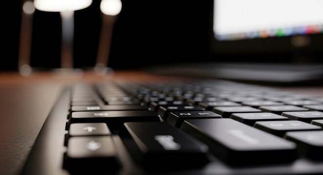 Close-up of a laptop keyboard in low light.