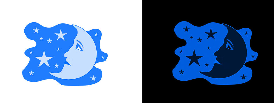 Cute Blue Moon Face with Stars and Clouds Cartoon Night Sky Illustration Background