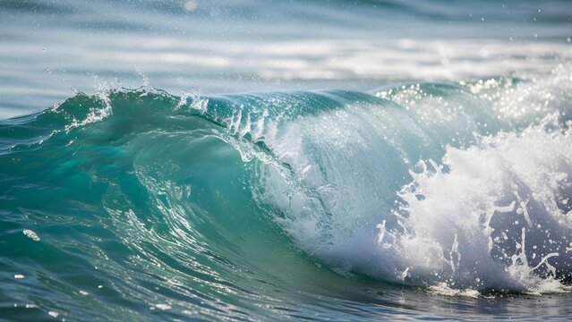 A powerful big blue ocean wave of water and white foam breaks against the rocky coast with a massive splash of motion under a clear summer sky
