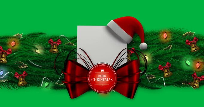 Santa hat over merry christmas and happy new year text banner over decorated green tree branch