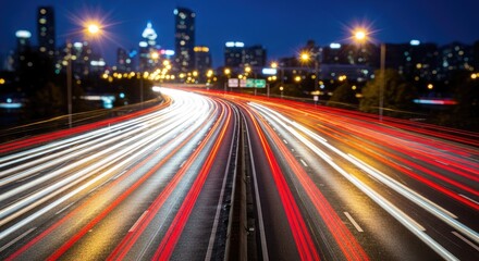 Obraz premium Nighttime Highway Traffic Lights Streaks Cityscape.