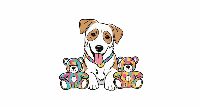 Smiling dog sits between two colorful tie-dye teddy bears